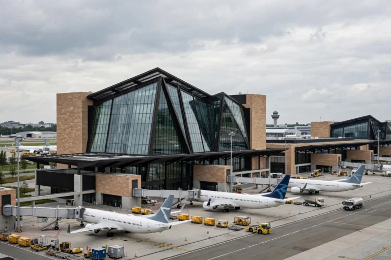 Außenansicht des Flughafens Frankfurt am Main mit modernem Terminalgebäude und Flugzeugen