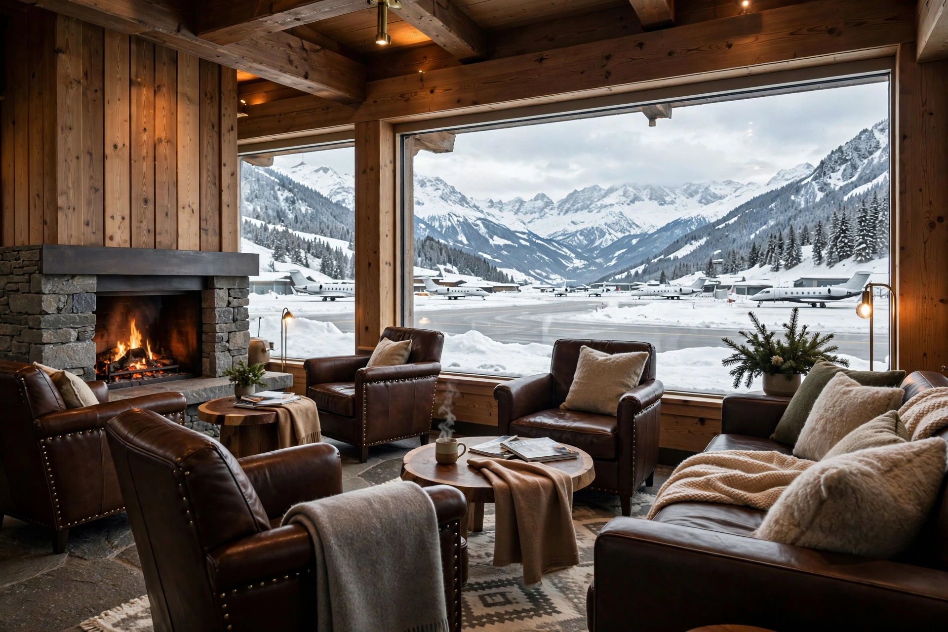 Lounge des Engadin Airport Samedan – Kamin und Panoramafenster mit Blick auf die verschneite Piste