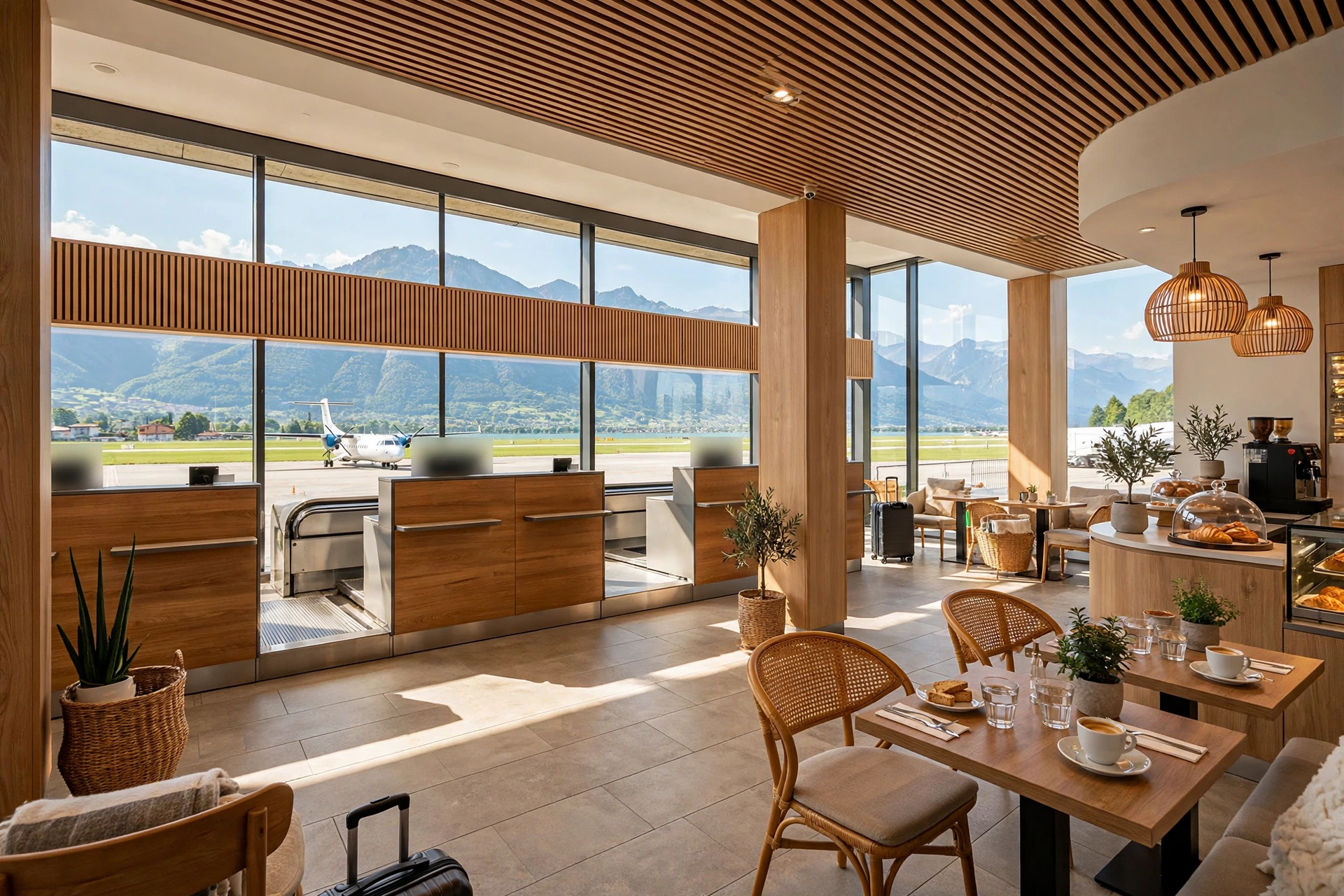 Innenbereich des Flughafens Lugano – Check-in-Halle mit Blick auf Piste und Tessiner Berge