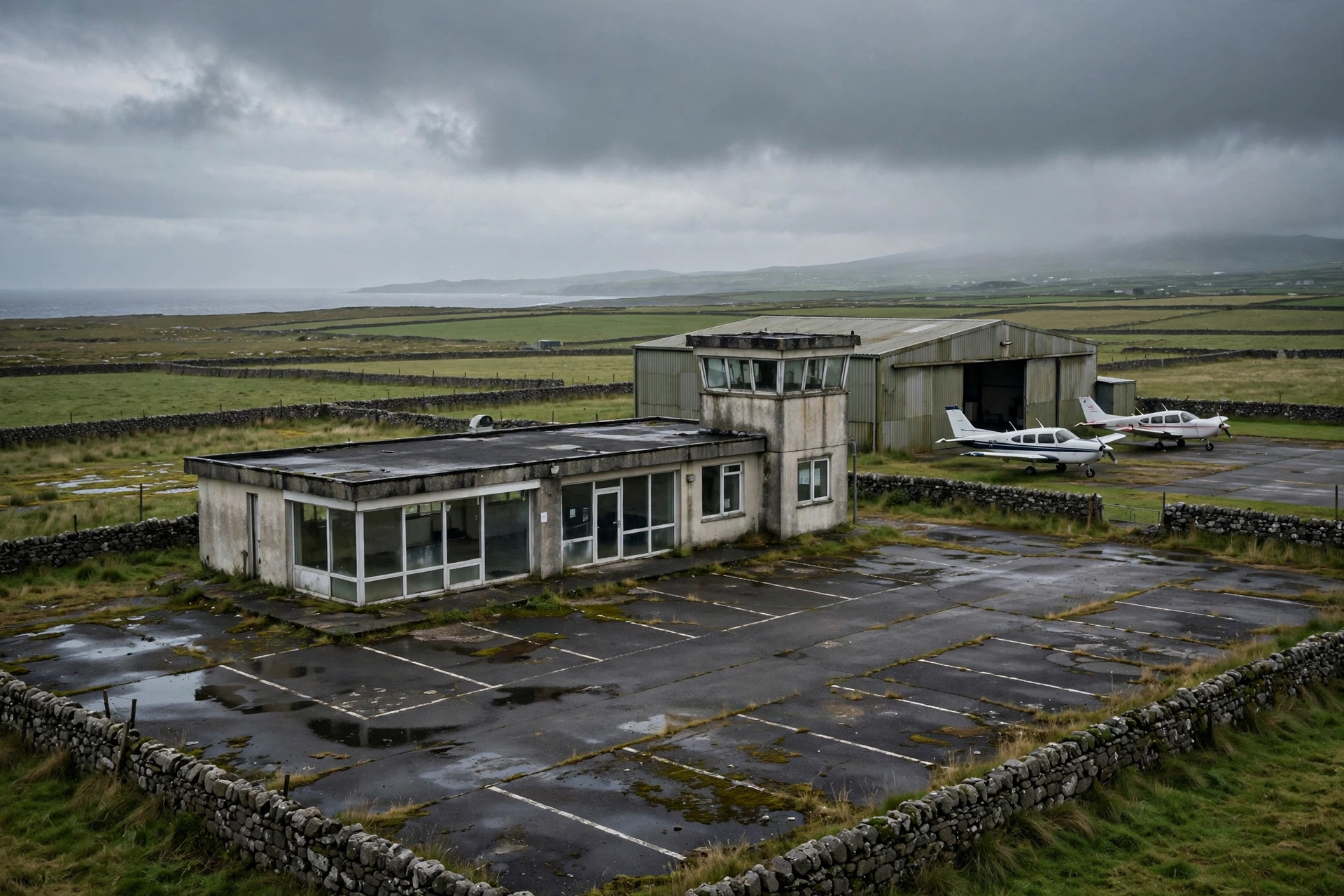 Galway Airport terminal building and empty car park at Carnmore on the west coast of Ireland