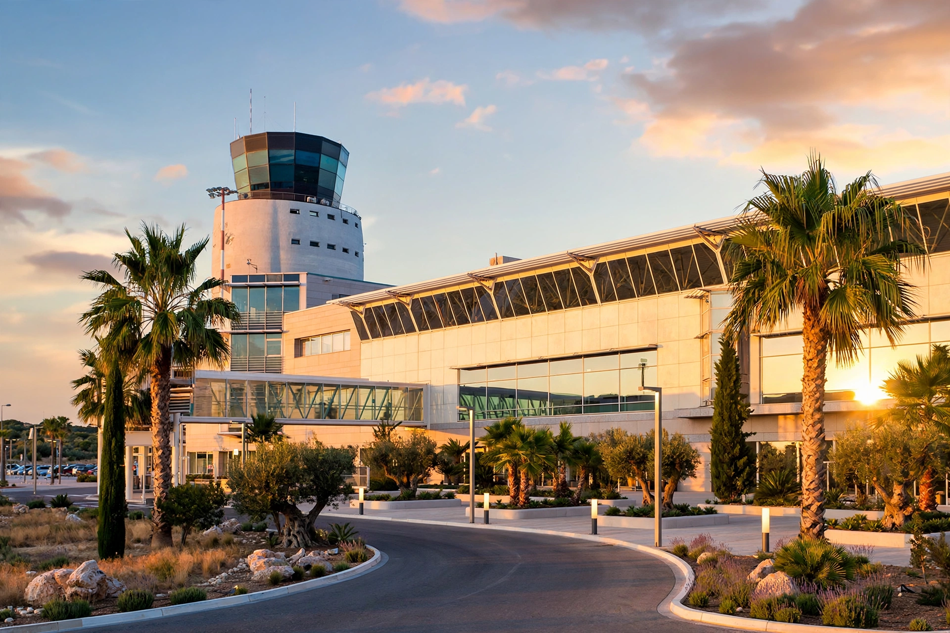 Terminal dell'aeroporto di Olbia Costa Smeralda al tramonto
