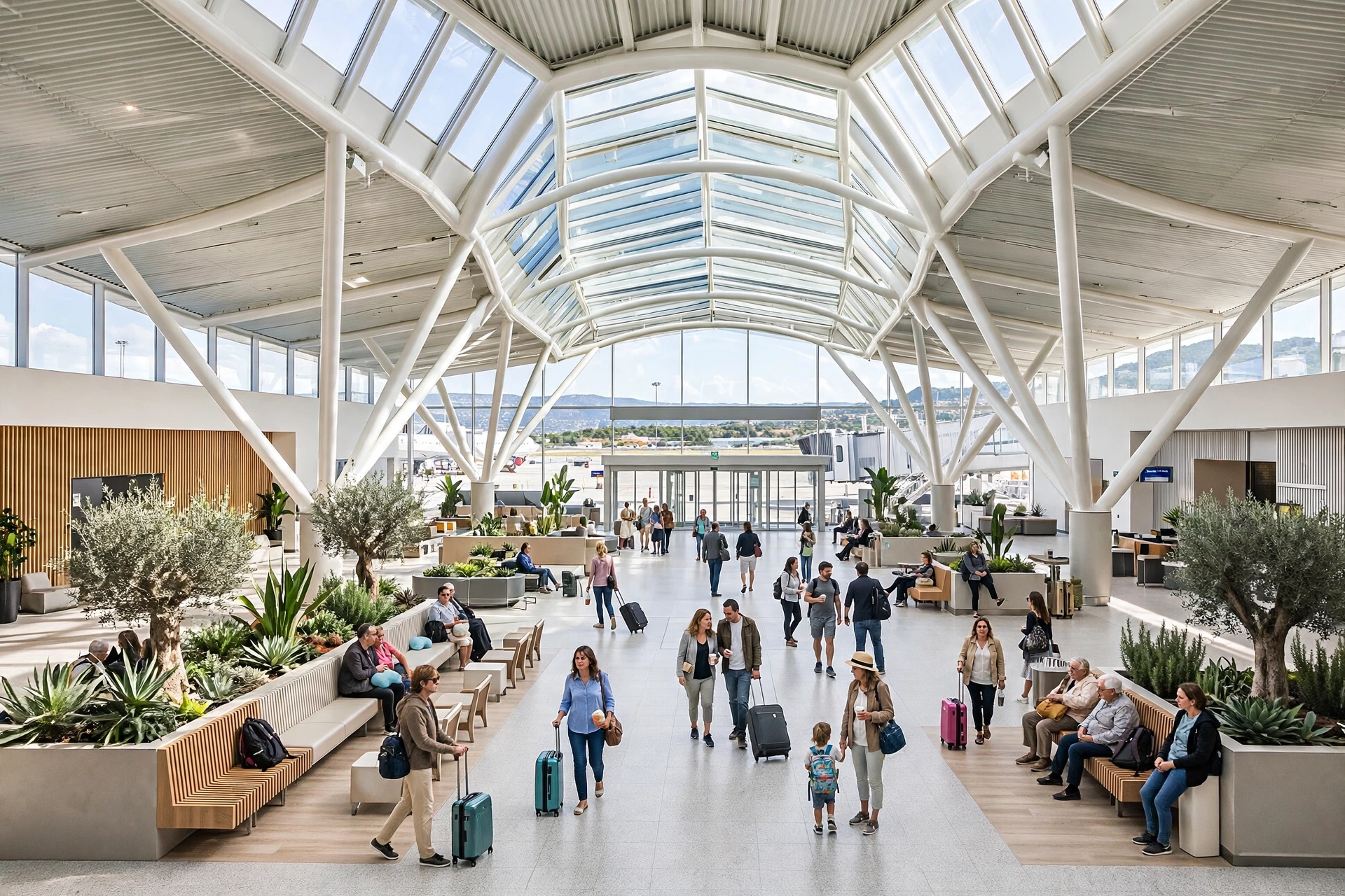 Sala partenze dell'aeroporto di Olbia con viaggiatori