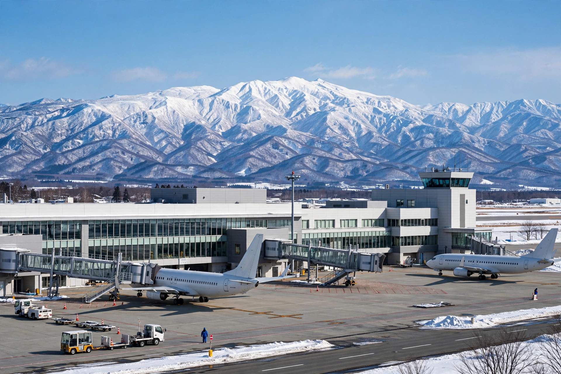小松空港のターミナル外観と白山連峰