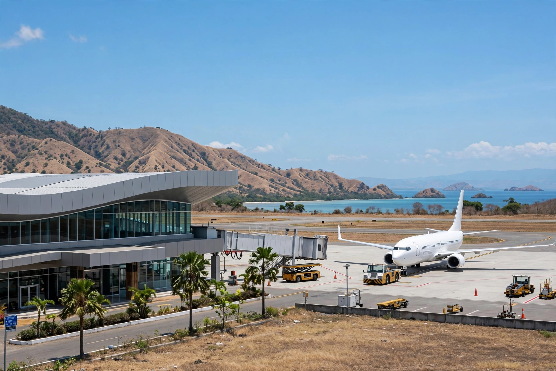 Bandara Komodo Labuan Bajo (LBJ) tampak luar - terminal dengan latar perbukitan Flores