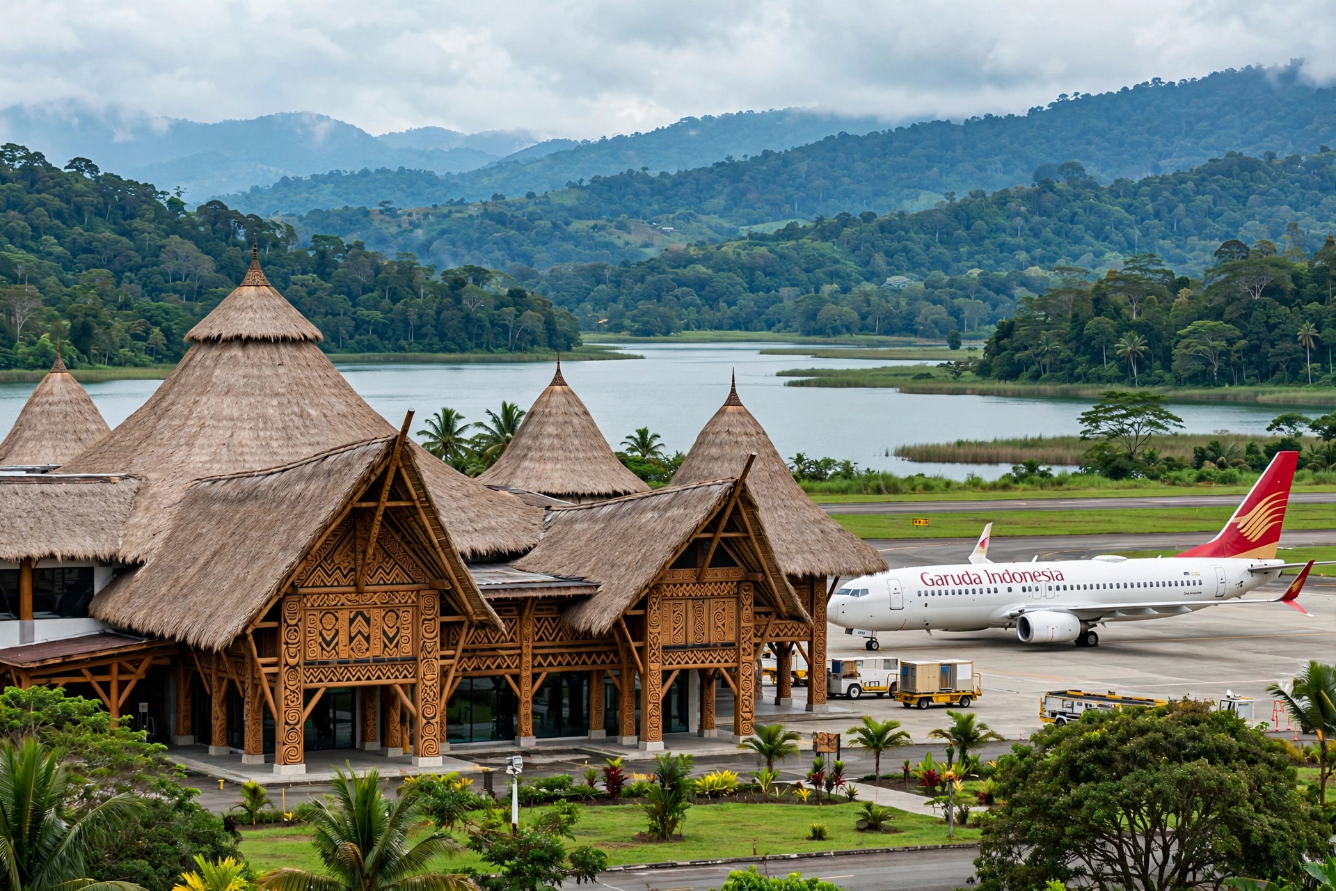 Bandara Internasional Sentani Jayapura (DJJ) tampak luar dengan arsitektur khas Papua