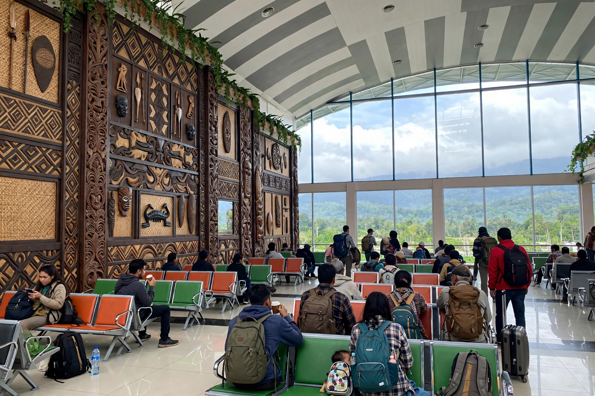Interior terminal Bandara Sentani Jayapura - ruang tunggu dengan ornamen ukiran Papua