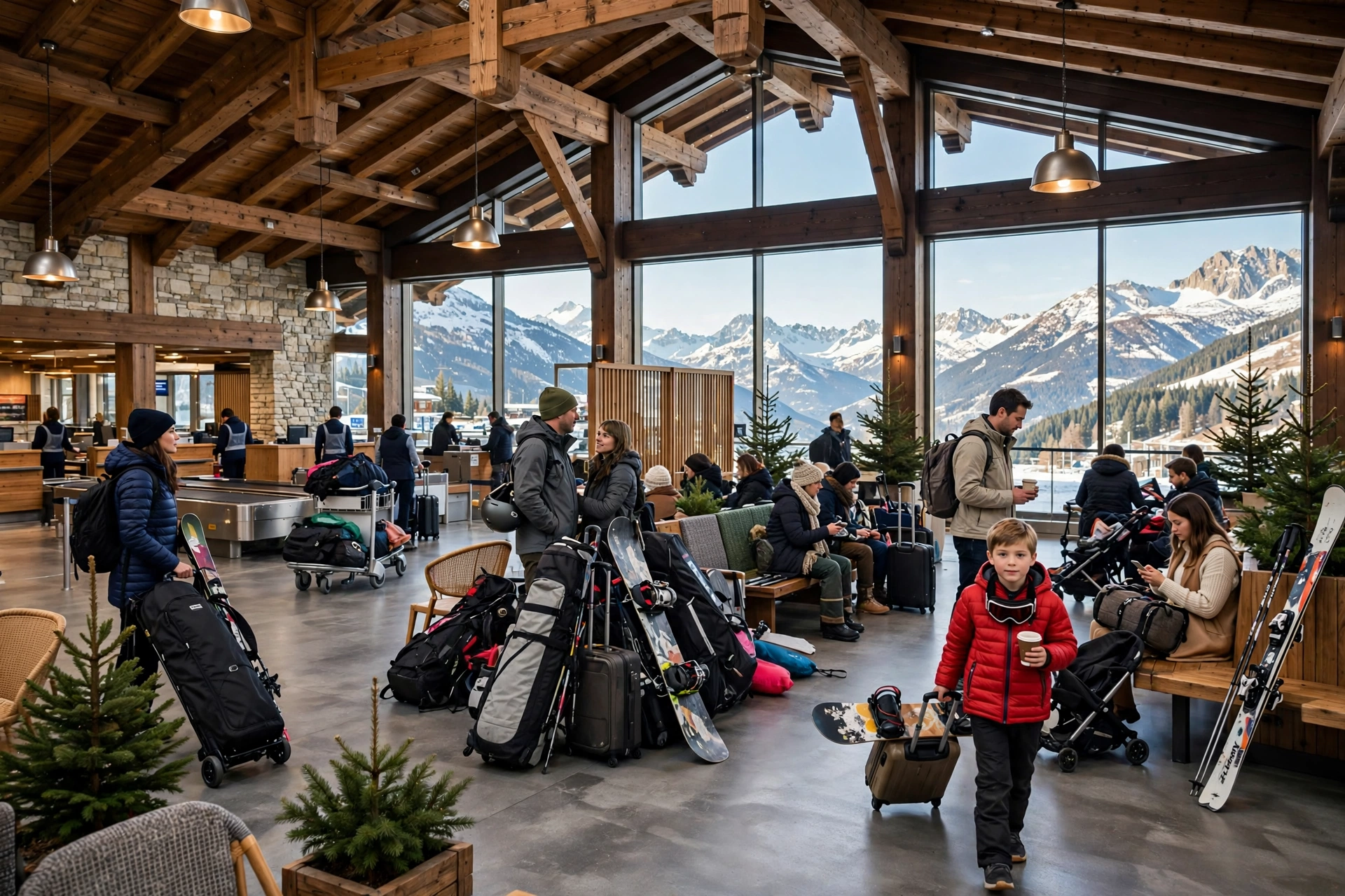 Hall des départs de l'aéroport de Chambéry, skieurs avec leurs équipements