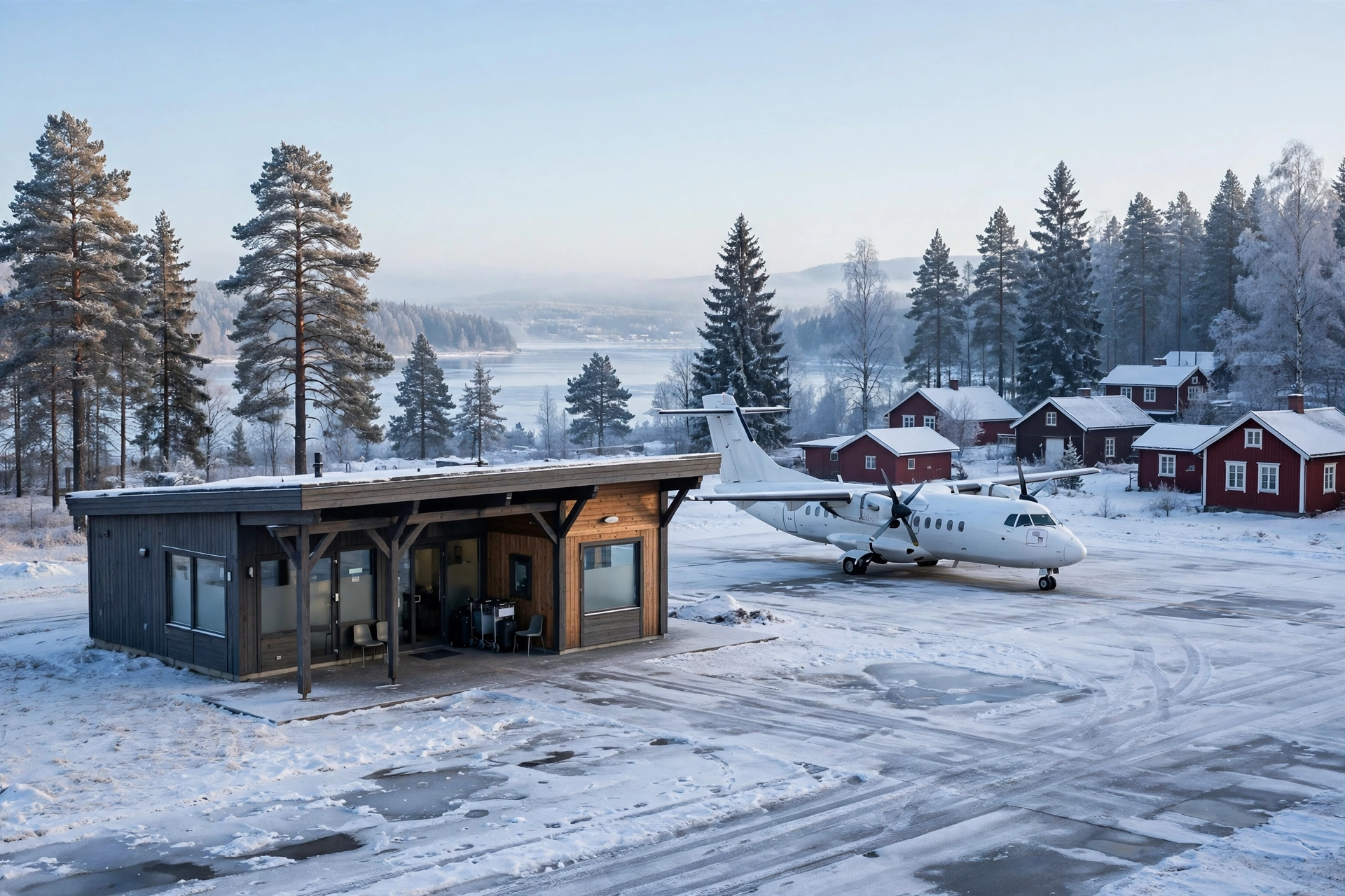 Mora Siljan flygplats terminal med turbopropflygplan på plattan en vintermorgon