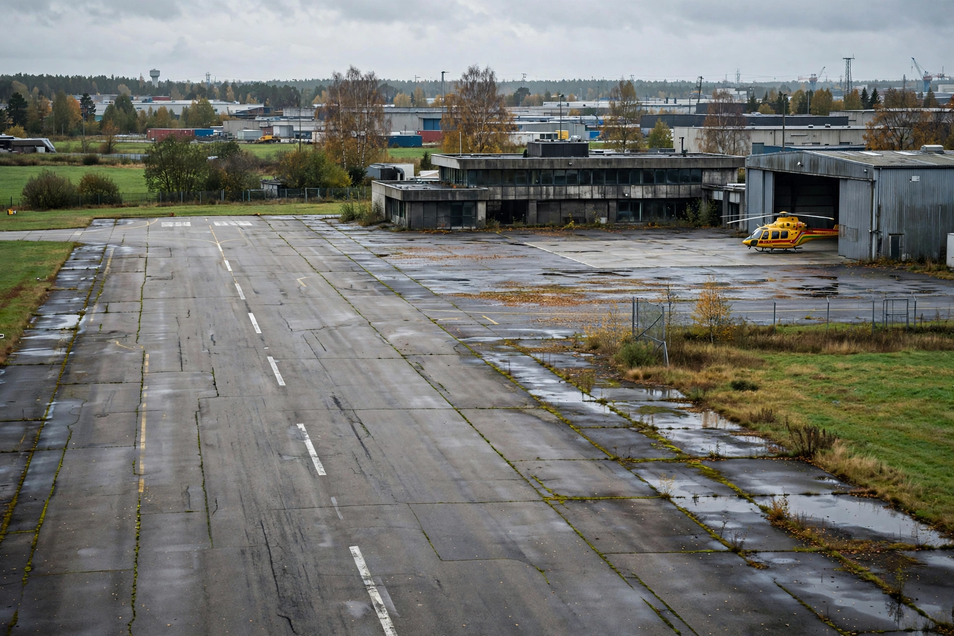 Säve flygplats före detta terminal och tomma platta med räddningshelikopter vid hangaren på Hisingen