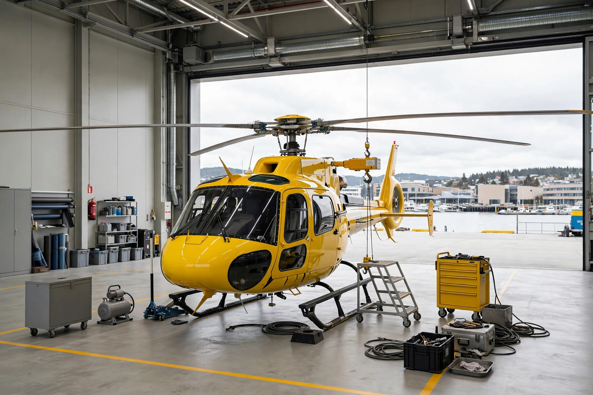 Sjöräddningshelikopter i hangar på Säve flygplats i Göteborg